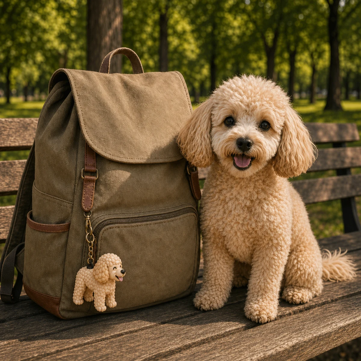 Custom 3D dog charm clipped to a backpack beside the dog it matches