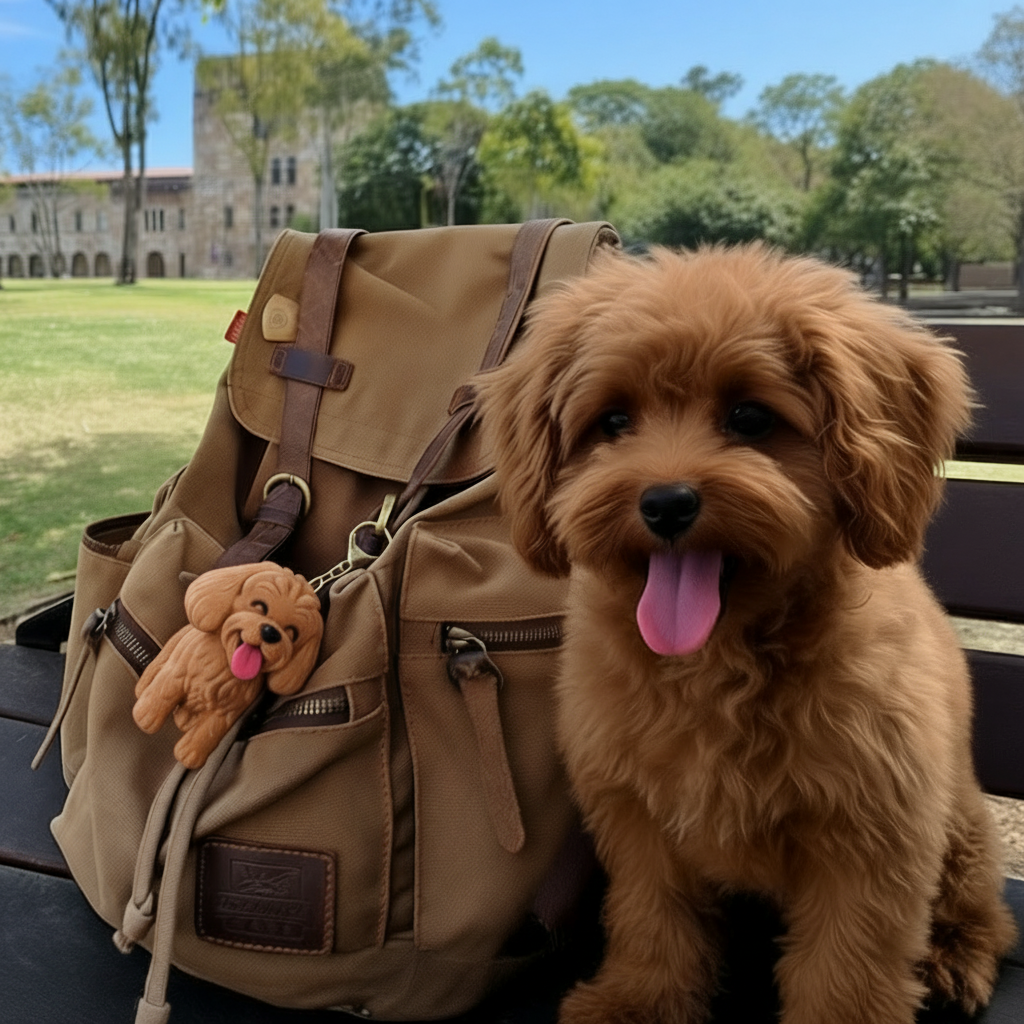 Custom dog charm on bag next to smiling pup