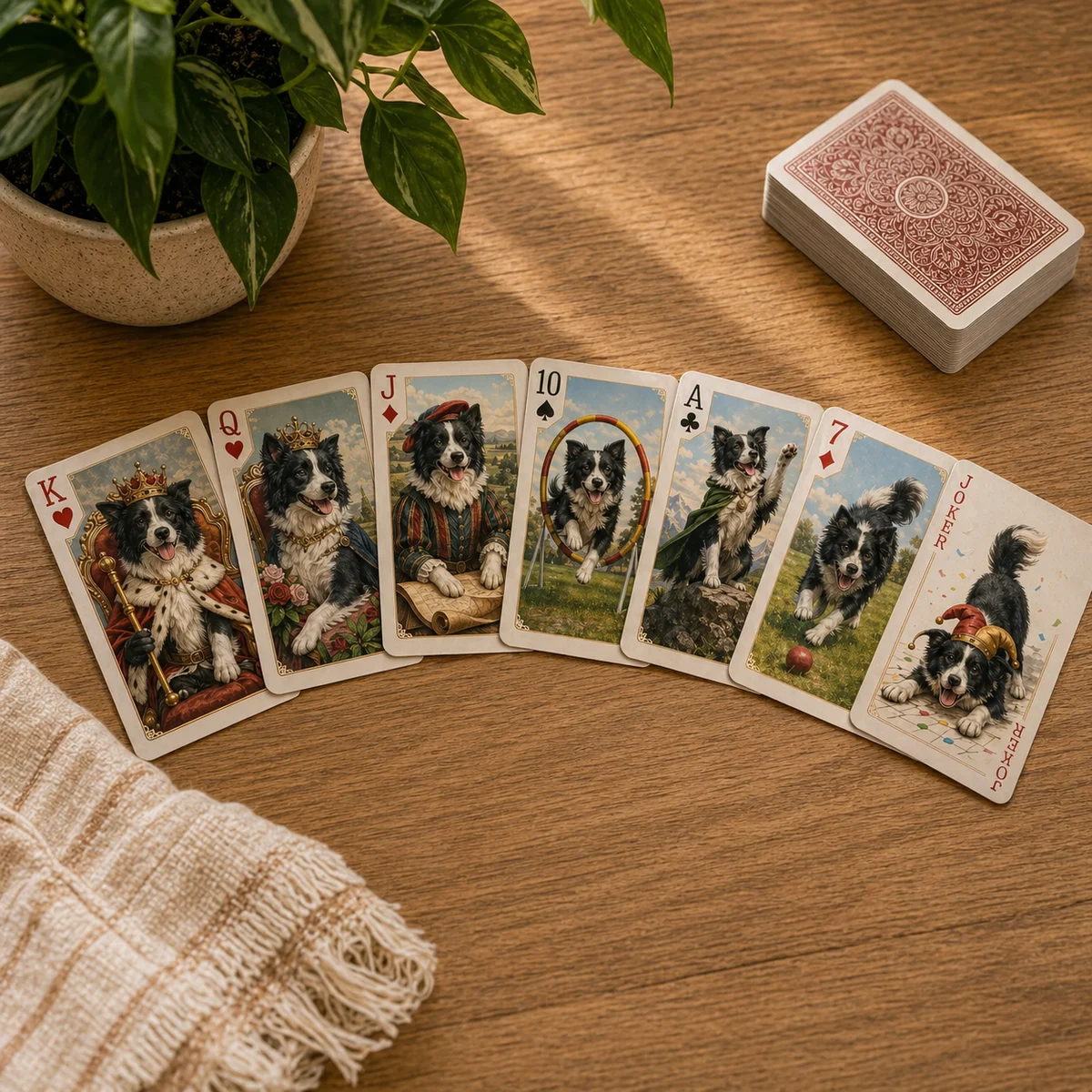 Custom pet playing cards spread across a table