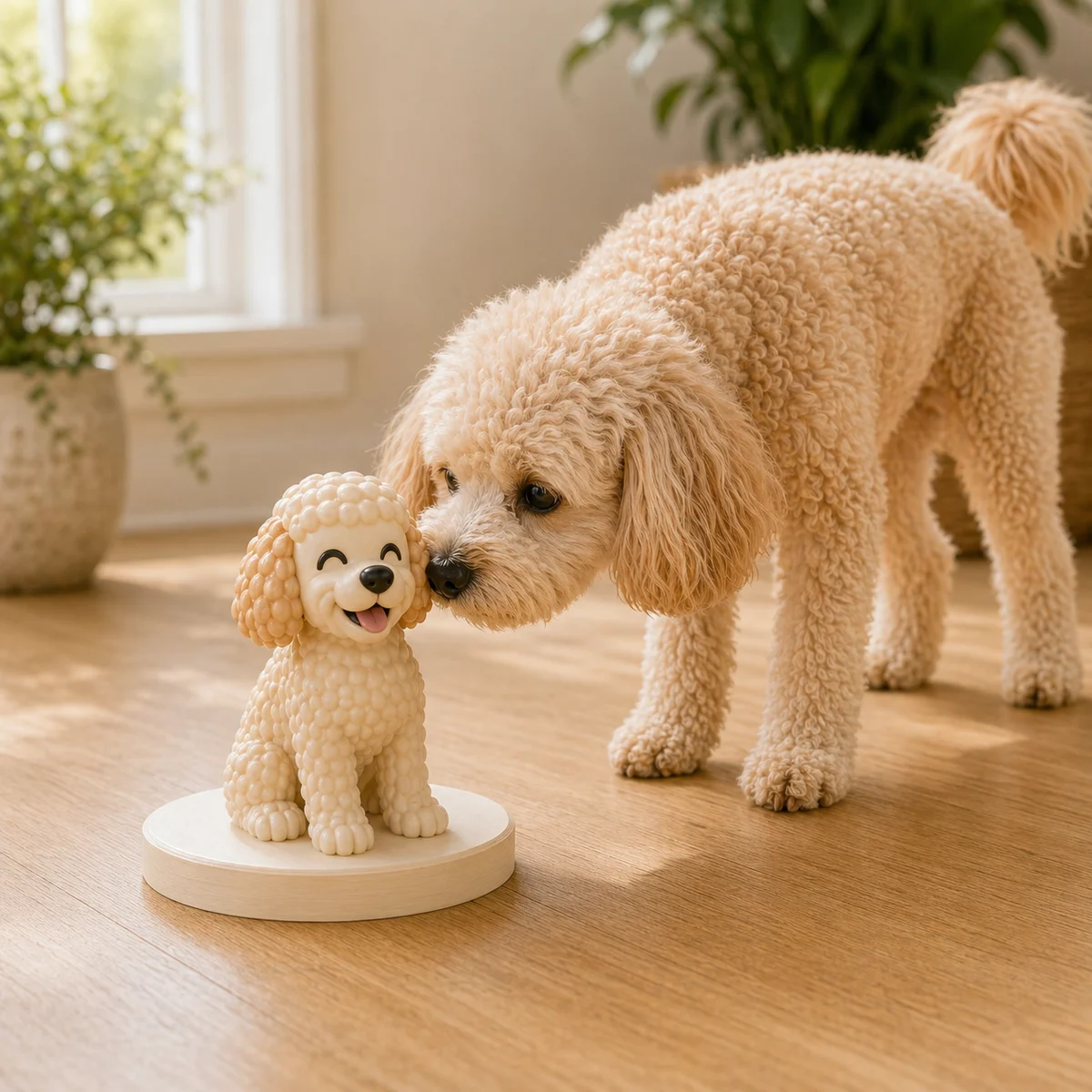 Custom 3D pet statue displayed beside pet reference photos and gift packaging